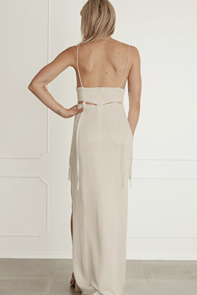 FASHION COCKTAIL Long Fringe Window Thin Strap V-Neck Linen Maxi Cocktail Long Natural Linen Dress