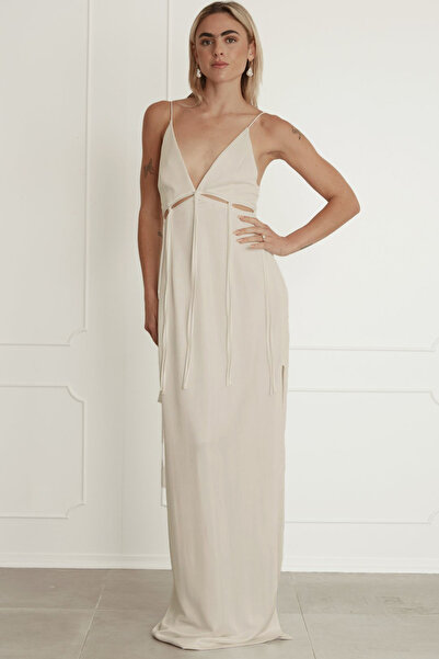 FASHION COCKTAIL Long Fringe Window Thin Strap V-Neck Linen Maxi Cocktail Long Natural Linen Dress