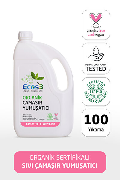 Ecos3 Organik Çamaşır Yumuşatıcı, Vegan Sertifikalı, Bitkisel, Extra Konsantre, 100 Yıkama, 2.5 Lt