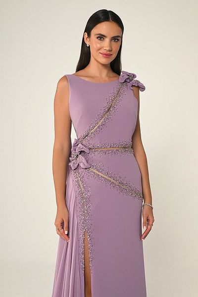 ALFABETA Long Evening Dress - Floral, Stone and Accessories Slit Alfa Beta