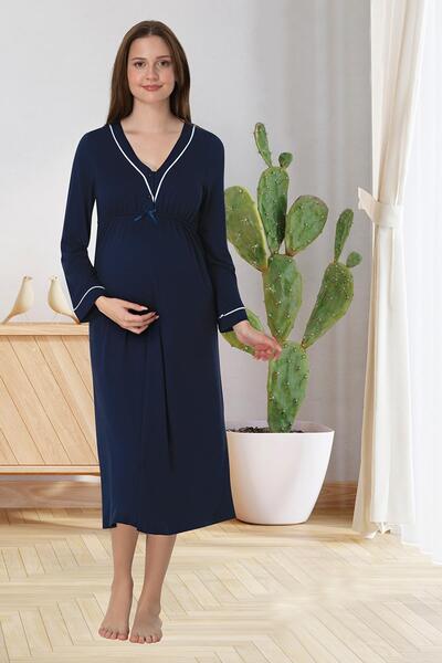 Lohussa Kadın Lacivert Biye Detaylı Özel Tasarım Uzun Kol Pamuklu Hamile Lohu...