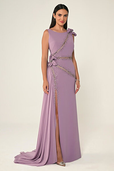 ALFABETA Long Evening Dress - Floral, Stone and Accessories Slit Alfa Beta