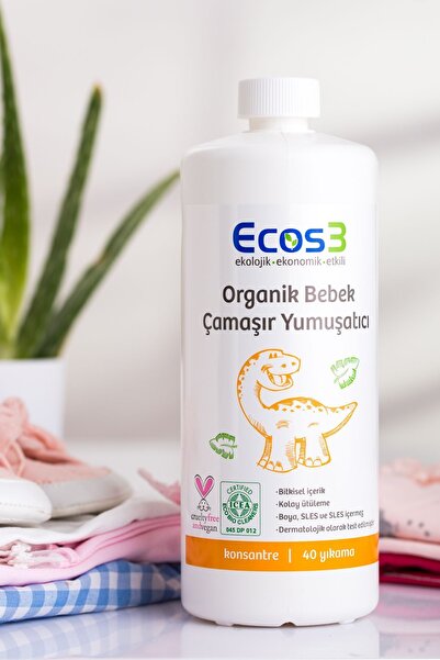 Ecos3 Organik Bebek Çamaşır Yumuşatıcı, Vegan Sertifikalı, Ekolojik, Extra Konsantre, 40 Yıkama, 1000 ml