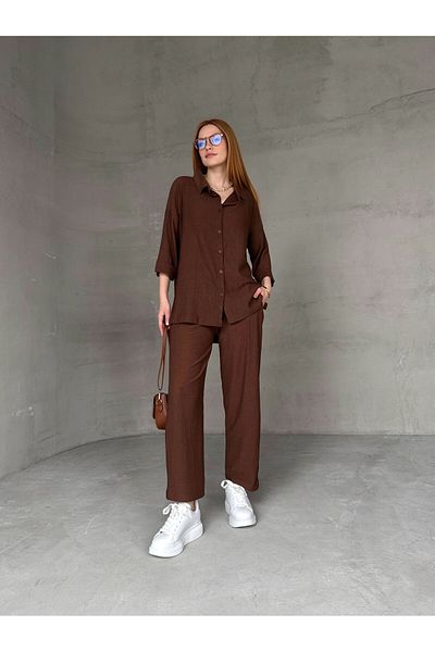 Cappmoda TKM-03660 Tan Casual Διπλό Πουκάμισο με μισό μανίκι με σκίσιμο στη μέση Παντελόνι ελαστικό στη μέση Σετ δύο τεμαχίων