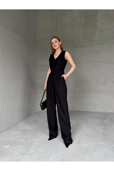 Cappmoda Tkm-03664 Black Linen Fabric Vest Palazzo High Waist Pants Set of Two