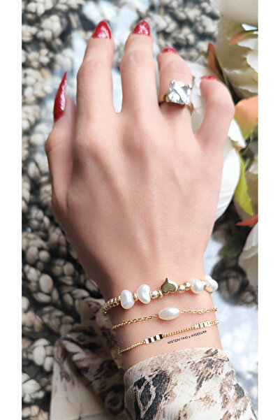 MYSTERY TAKI AKSESUAR Gold Triple Heart Chain Bracelet