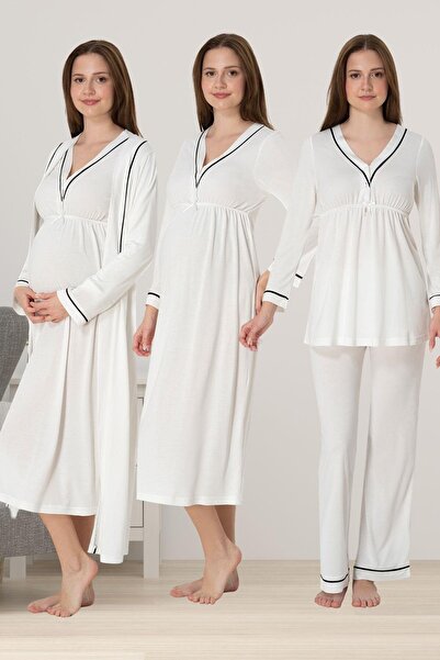 Lohussa Kadın Ekru Özel Tasarım Uzun Kol Pamuklu Hamile Lohusa Sabahlık Pijam...