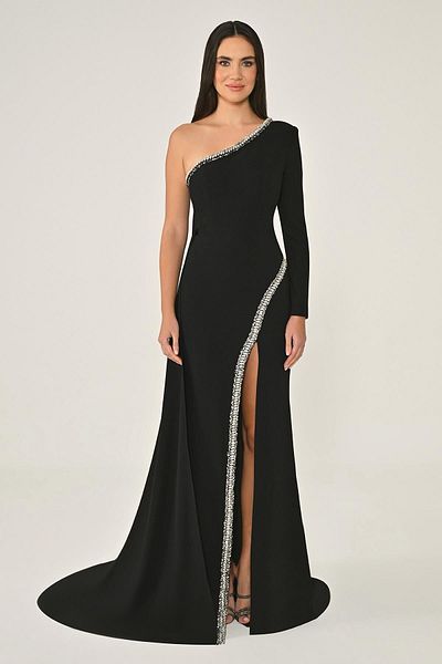 ALFABETA One Shoulder Stone - Accessory Tailed Crepe Long Evening Dress Alfa Beta