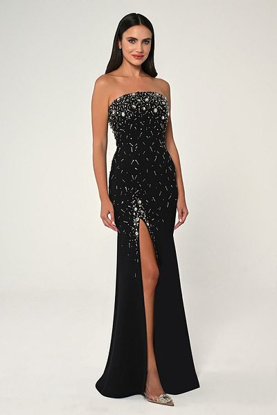 ALFABETA Strapless Stone Embroidered Crepe Long Evening Dress Alfa Beta
