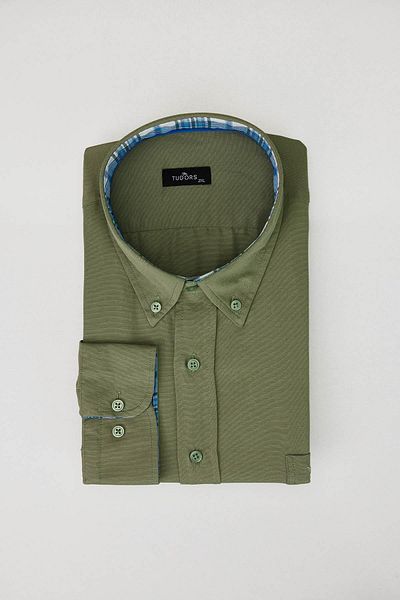 Tudors Ανδρικό Big Size Plus Size - Khaki Oxford Texture, Μακρύ μανίκι, Μονή τσέπη, Πουκάμισο με γιακά με κουμπί