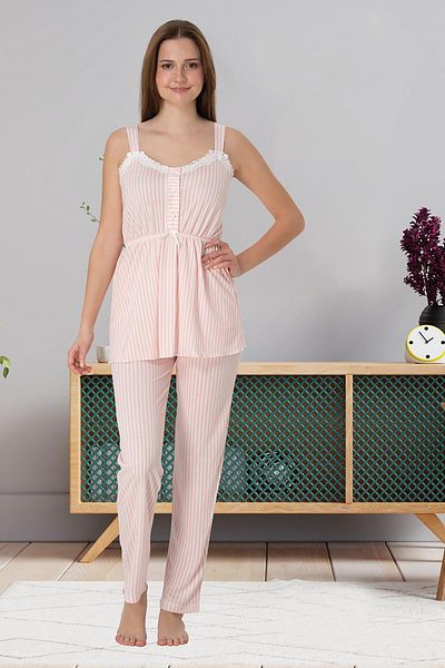 Lohussa Women's Gray Striped Summer Special Design Strappy Cotton Maternity Pajama Set