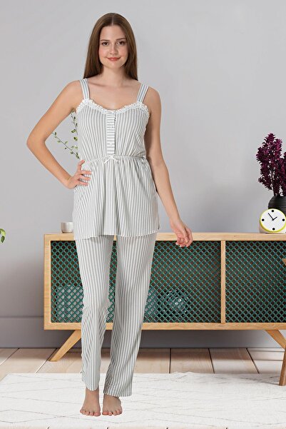Lohussa Women's Gray Striped Summer Special Design Strappy Cotton Maternity Pajama Set