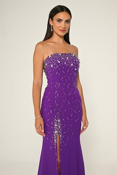 ALFABETA Strapless Stone Embroidered Crepe Long Evening Dress Alfa Beta