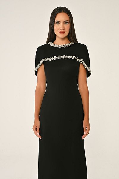 ALFABETA Crepe Long Dress with Rhinestone Embroidered Shawl Accessories
