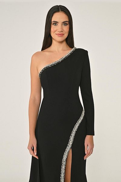ALFABETA One Shoulder Stone - Accessory Tailed Crepe Long Evening Dress Alfa Beta