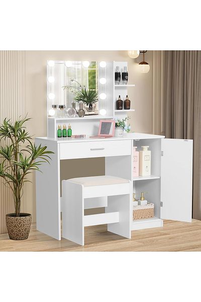 sharpdo Bedroom Makeup Dressing Table with 1 Drawer, 1 Cabinet and 2 Separate Storage Shelves