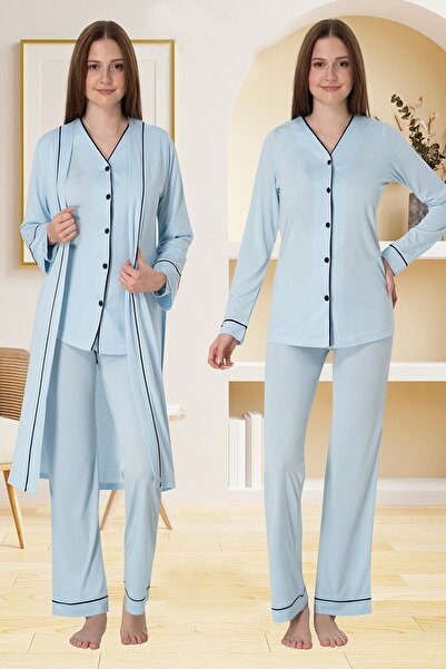 Lohussa Kadın Ekru Özel Tasarım Düğmeli Pamuklu Hamile Lohusa Sabahlık Pijama Takımı Set