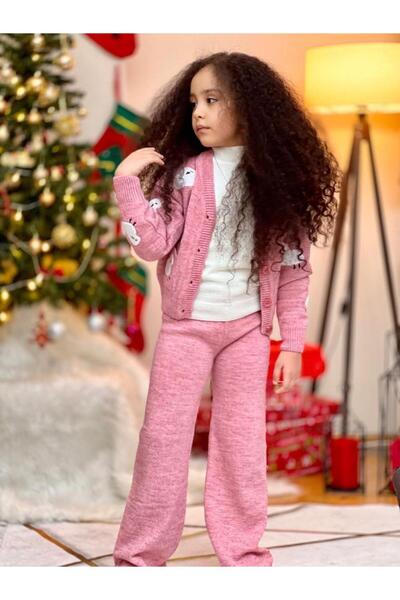 Hilal Akıncı Kids Tricotaj pentru fetiță, brodate de miel, cardigan, tricotaj cu picioare largi, pantaloni