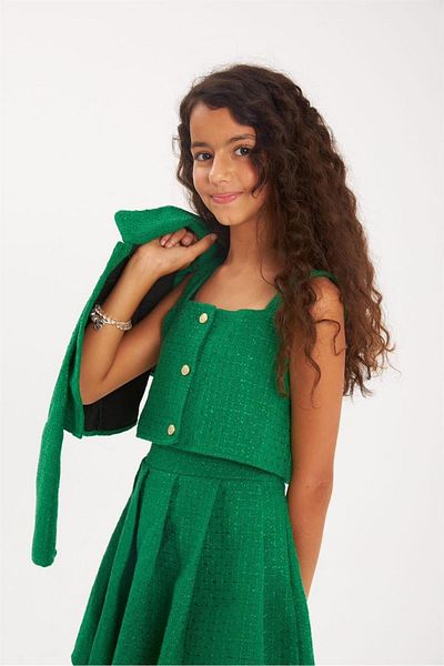 Hilal Akıncı Kids Girl's Gold Buttoned Jacket Thick Strap Crop Pleated Skirt Set of 3