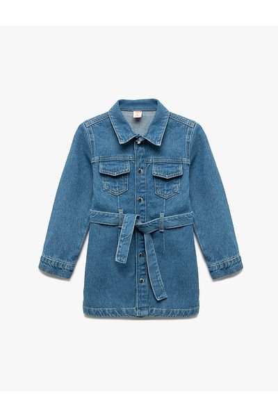 Koton Cotton Long Sleeve Belt Detail Pocket Buttoned A-Line Mini Denim Dress