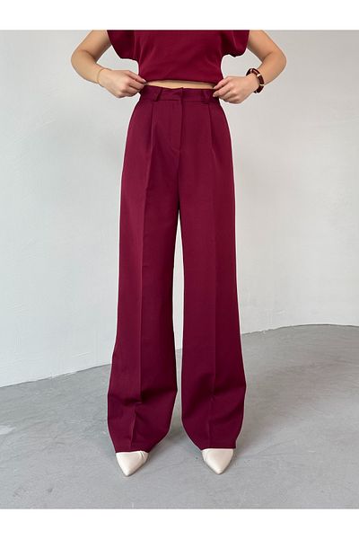 Cappmoda PNT-07409 Pantaloni Palazzo din țesătură Atlas Burgundy
