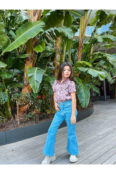 Hilal Akıncı Kids Girl's Short Sleeve Floral Patterned Shirt Flare Leg Jeans 2-Piece Jewelry