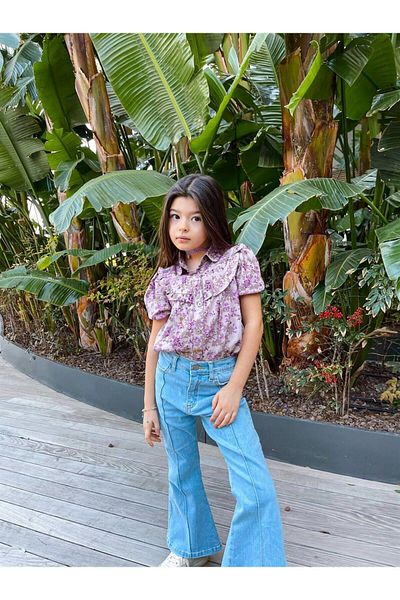 Hilal Akıncı Kids Girl's Short Sleeve Floral Patterned Shirt Flare Leg Jeans 2-Piece Jewelry