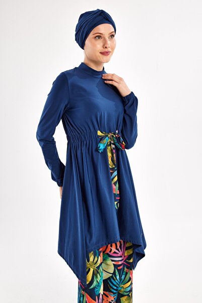 Adasea Navy Blue Women's Bloom Long Sleeve Hijab Swimsuit