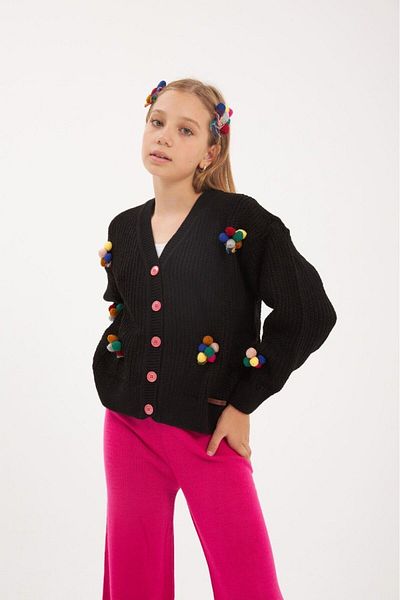 Hilal Akıncı Kids Girl's Embroidered Balloon Embroidered Black Knitwear Cardigan Colorful Pants Hair Clip Set of 3