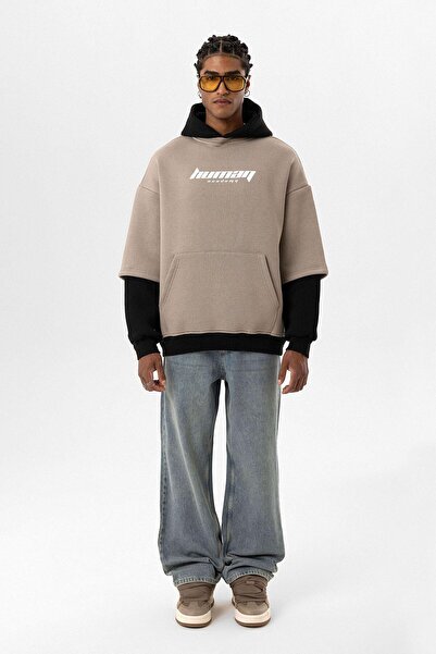 VAMOSCLO Printed Oversize Sweatshirt - Mink with Double Sleeve Detail