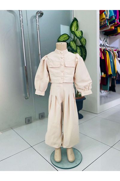 Hilal Akıncı Kids Girl's Judge Collar Balloon Sleeve Lined Crop Jacket Puff Detailed Harem Pants 2 Piece Set