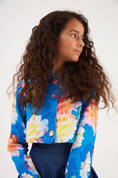 Hilal Akıncı Kids Дівчачий кроп-жакет з квітковим принтом, підкладкою та олів...