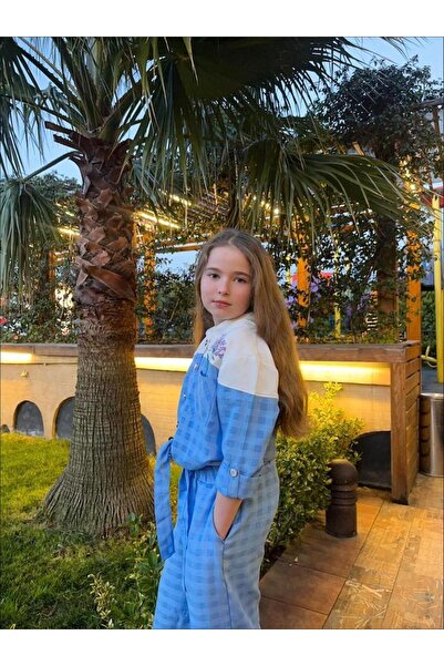 Hilal Akıncı Kids Set de 2 piese pentru fetiță, cu nasturi perle, broderie, cămașă cu cravată în față