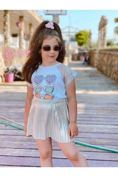 Hilal Akıncı Kids Girl's Glasses Detailed Cotton Combed Cotton T-Shirt Cotton Satin Pleated Skirt Set of 2