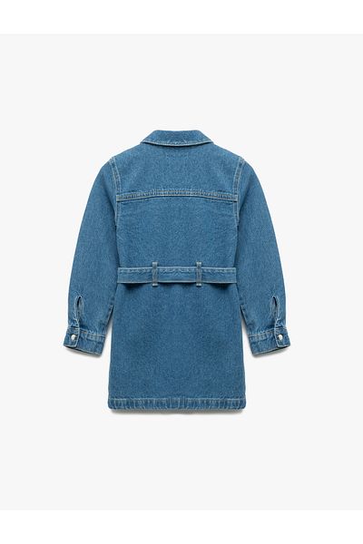 Koton Cotton Long Sleeve Belt Detail Pocket Buttoned A-Line Mini Denim Dress