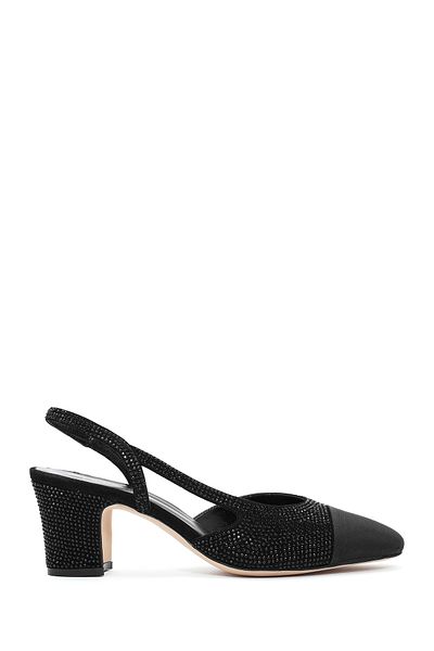Derimod Women's Black Rhinestone Open Back Short Thick Heeled Leather Shoes 24Wfd1224Ts
