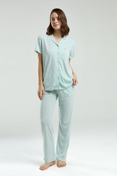 Pierre Cardin Women's Mint Green Buttoned Pajama Suit