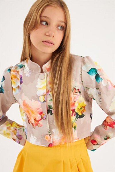 Hilal Akıncı Kids Set de 2 piese pentru fete, cu modele florale, jachetă crop căptușită, cu detaliu de pix