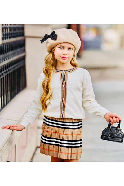 Hilal Akıncı Kids Girl's Crew Neck Knitwear Cardigan Striped Skirt Beret 3-Piece Set