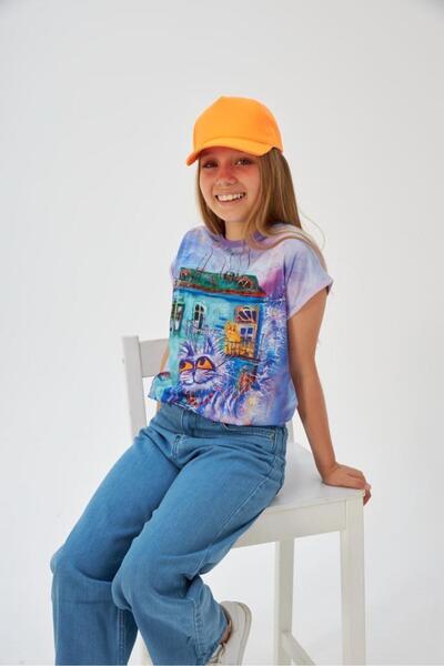 Hilal Akıncı Kids Tricou supradimensionat cu model pentru fete, pantaloni largi, blugi, pălărie, set de 3 piese