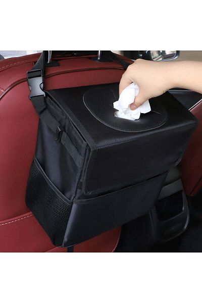 COOYA 6.5L Portable Hanging Car Trash Can, With 3 Mesh Pockets, Waterproof, Bin, for Vehicle Tidy