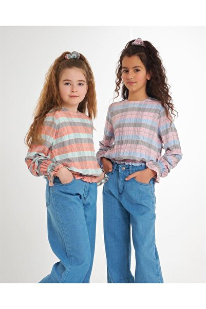 Hilal Akıncı Kids Cămașă pentru fetiță cu mâneci și talie, pantaloni largi din denim, cataramă, set de 3 piese