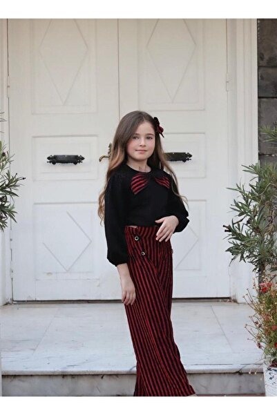 Hilal Akıncı Kids Girl's Black Blouse Striped Trousers Buckle 3-Piece Set