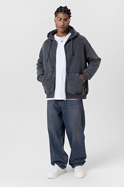 VAMOSCLO سويت شيرت فاخر كبير الحجم - قماش أسود، سحاب، مغسول