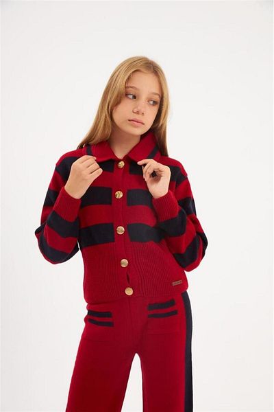 Hilal Akıncı Kids Girl's Striped Gold Buttoned Knitwear Cardigan Pocket Trousers Set of 2