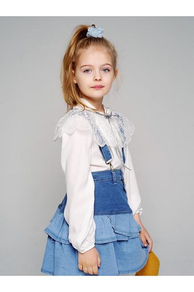 Hilal Akıncı Kids Girl's White Lace Collar Colorful Blouse Frilly Denim Skirt Hat 3-Piece Set