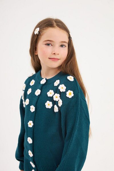 Hilal Akıncı Kids Girl's Snap Daisy Embroidered Sweater Cardigan Colorful Sweater Pants Hairpin 3-Piece Set