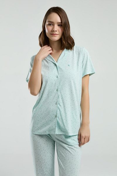 Pierre Cardin Women's Mint Green Buttoned Pajama Suit