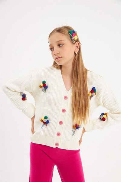 Hilal Akıncı Kids Girl's Embroidered Balloon Embroidered White Knitwear Cardigan Colorful Pants Hair Clip Set of 3