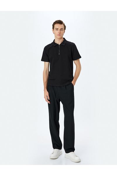 Koton Kurzärmliges T-Shirt aus Baumwolle mit halbem Reißverschluss und normaler Passform